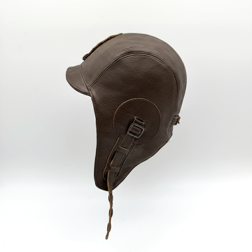 Chestnut Brown Leather Aviator Hat Simon Model styled for a vintage pilot look