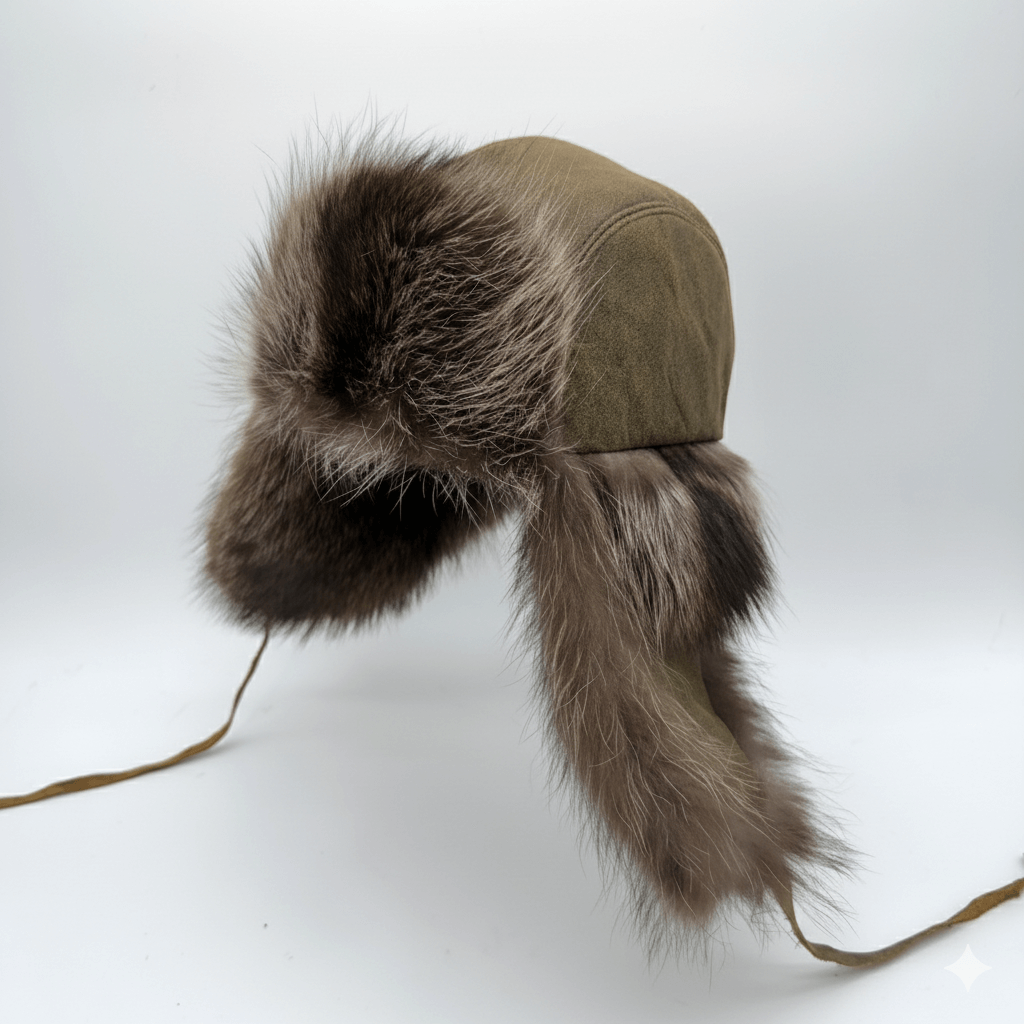 Chapeau de trappeur en fourrure de raton laveur, cuir blanc