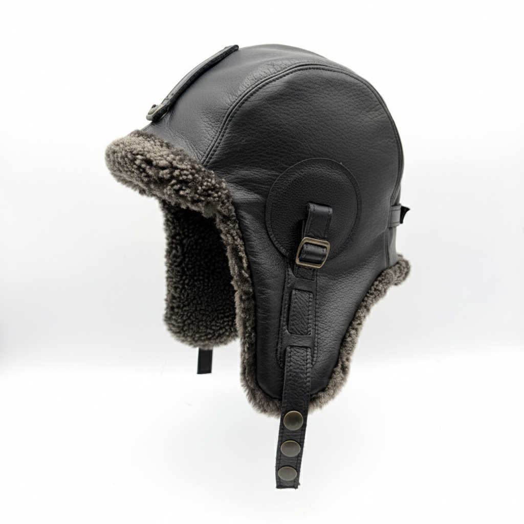 Chapeau aviateur en peau de mouton grise, cuir noir - Modèle Simon