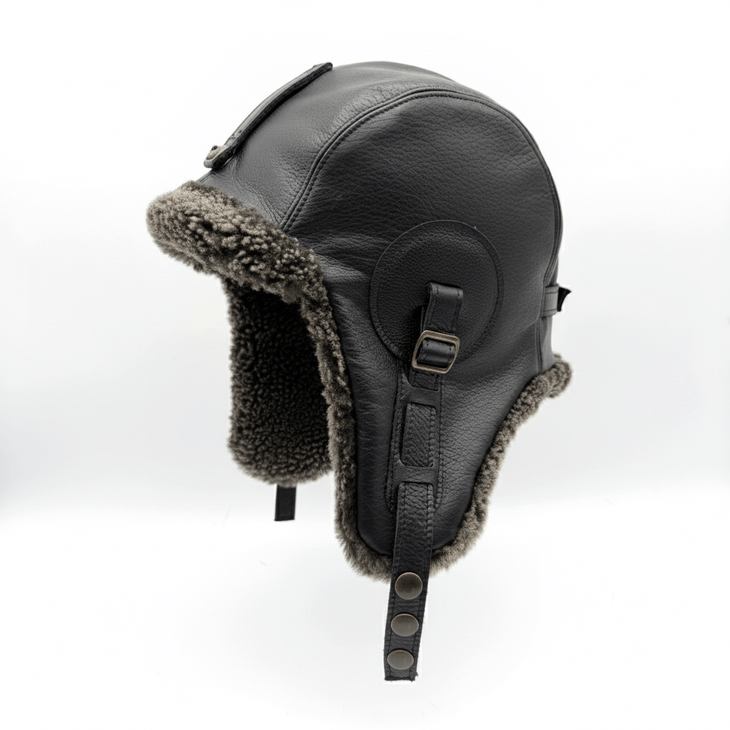 Chapeau aviateur en peau de mouton grise, cuir noir - Modèle Simon