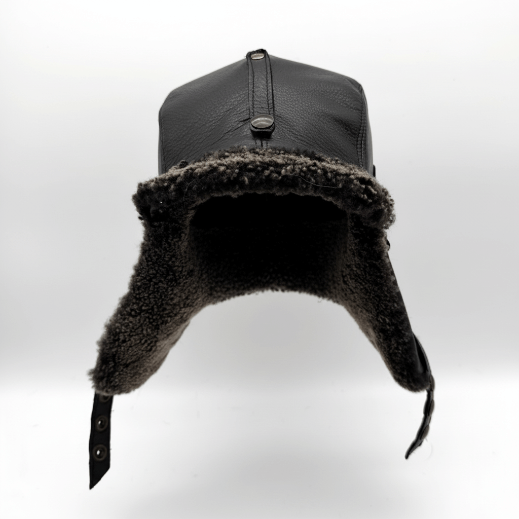 Gray Sheepskin Aviator Hat, Black Leather - Simon Model
