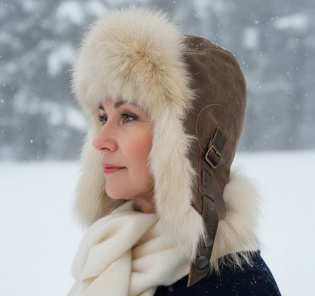 Coyote Fur Aviator Hat, Antique Brown Leather - Simon Model