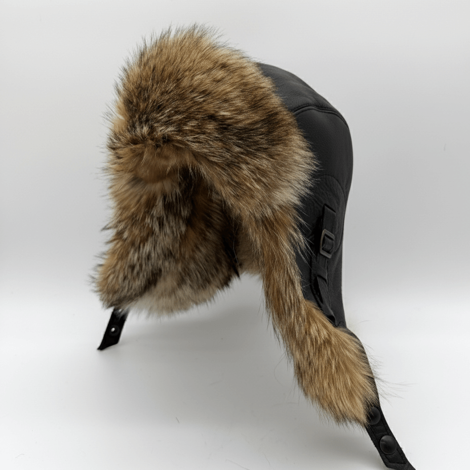 Coyote Fur Aviator Hat, Black Leather - Simon Model