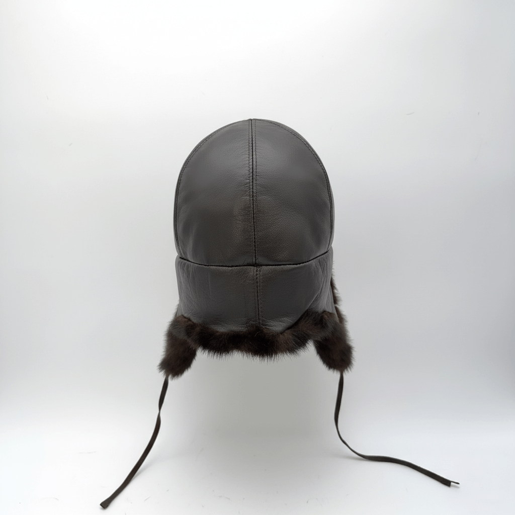 Recycled Brown Mink Fur Aviator Hat, Brown Leather Charles Model styled for a vintage pilot look