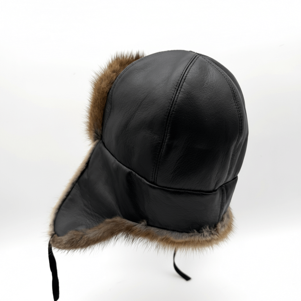 Chapeau aviateur en fourrure de rat musqué naturelle, cuir marron - Modèle Charles