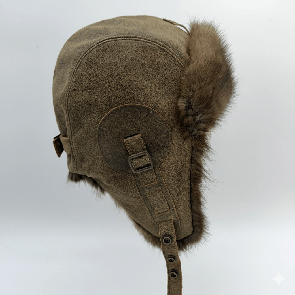Muskrat Fur Aviator Hat, Antique Brown Leather - Simon Model