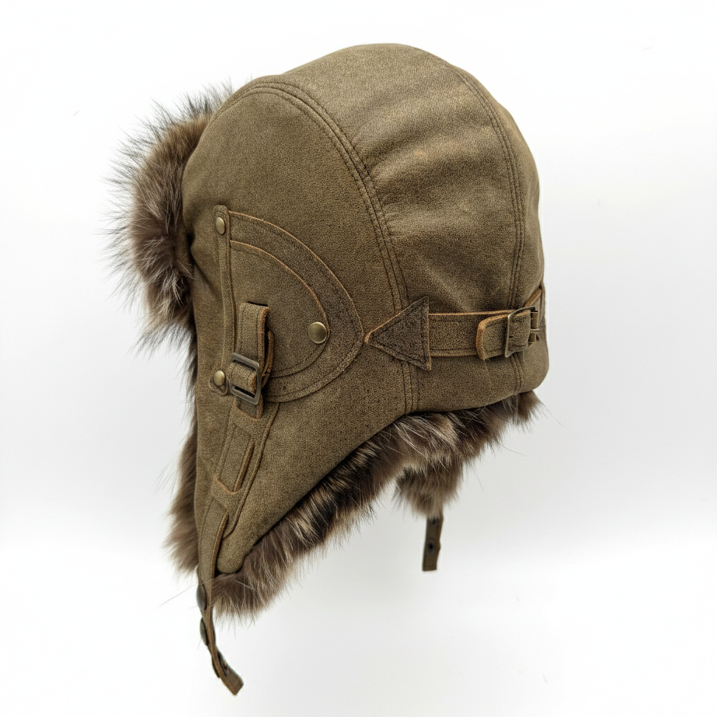 Chapeau aviateur en fourrure de raton laveur, cuir marron antique - Modèle Antoine