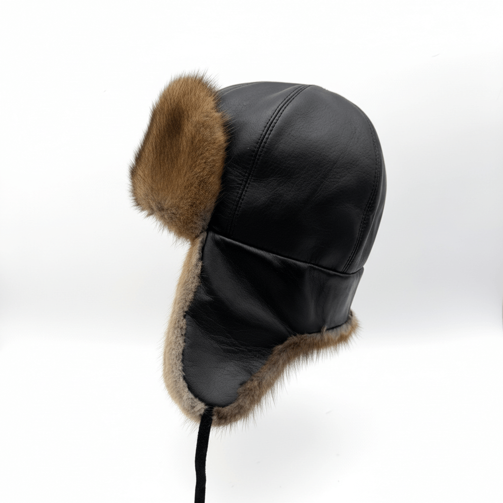 Interior view of Recycled Natural Muskrat Fur Aviator Hat Charles Model with warm lining