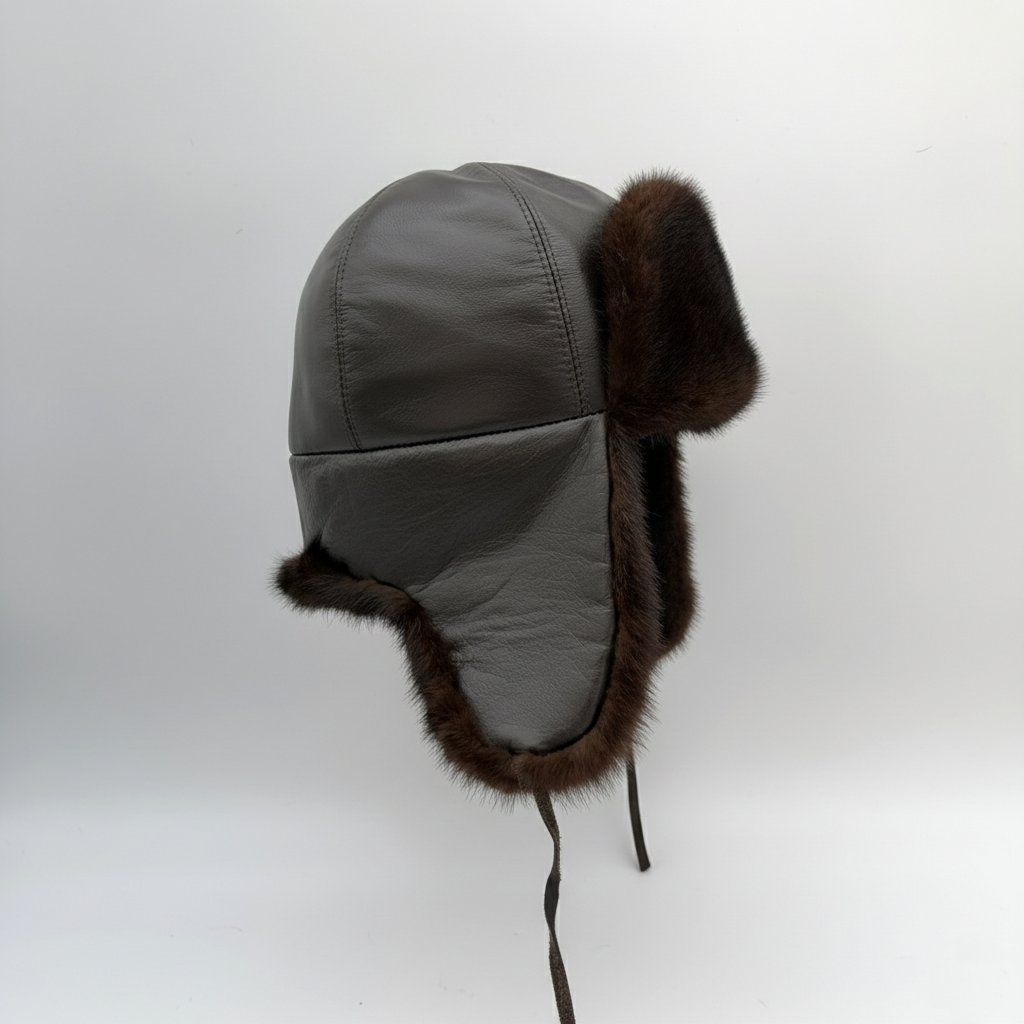 Recycled Brown Mink Fur Aviator Hat, Brown Leather Charles Model styled for a vintage pilot look