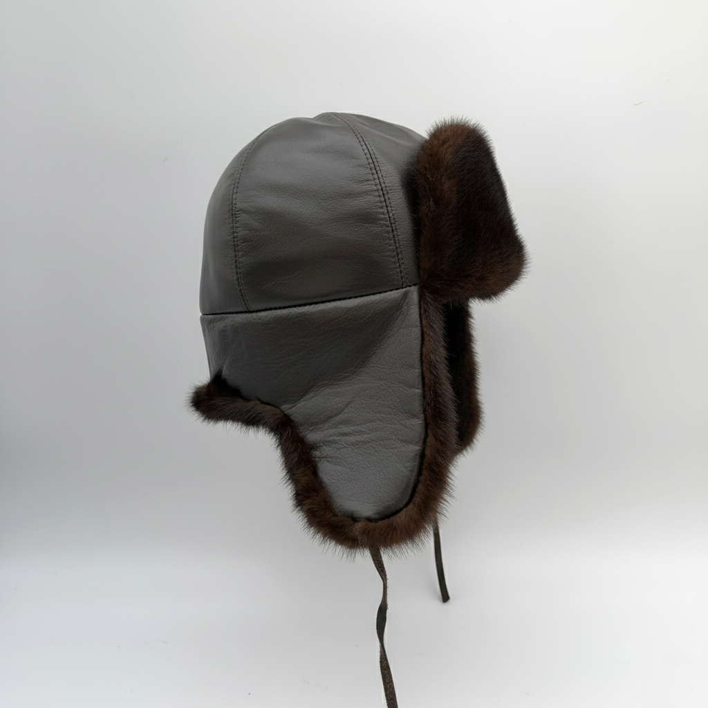 Brown Mink Fur Aviator Hat, Brown Leather - Charles Model