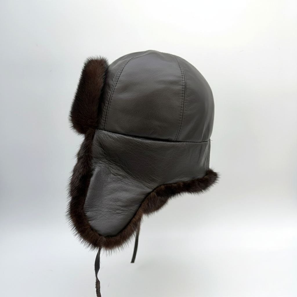 Brown Mink Fur Aviator Hat, Brown Leather - Charles Model