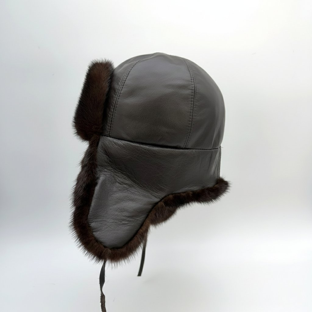 Side view of Recycled Brown Mink Fur Aviator Hat, Brown Leather Charles Model