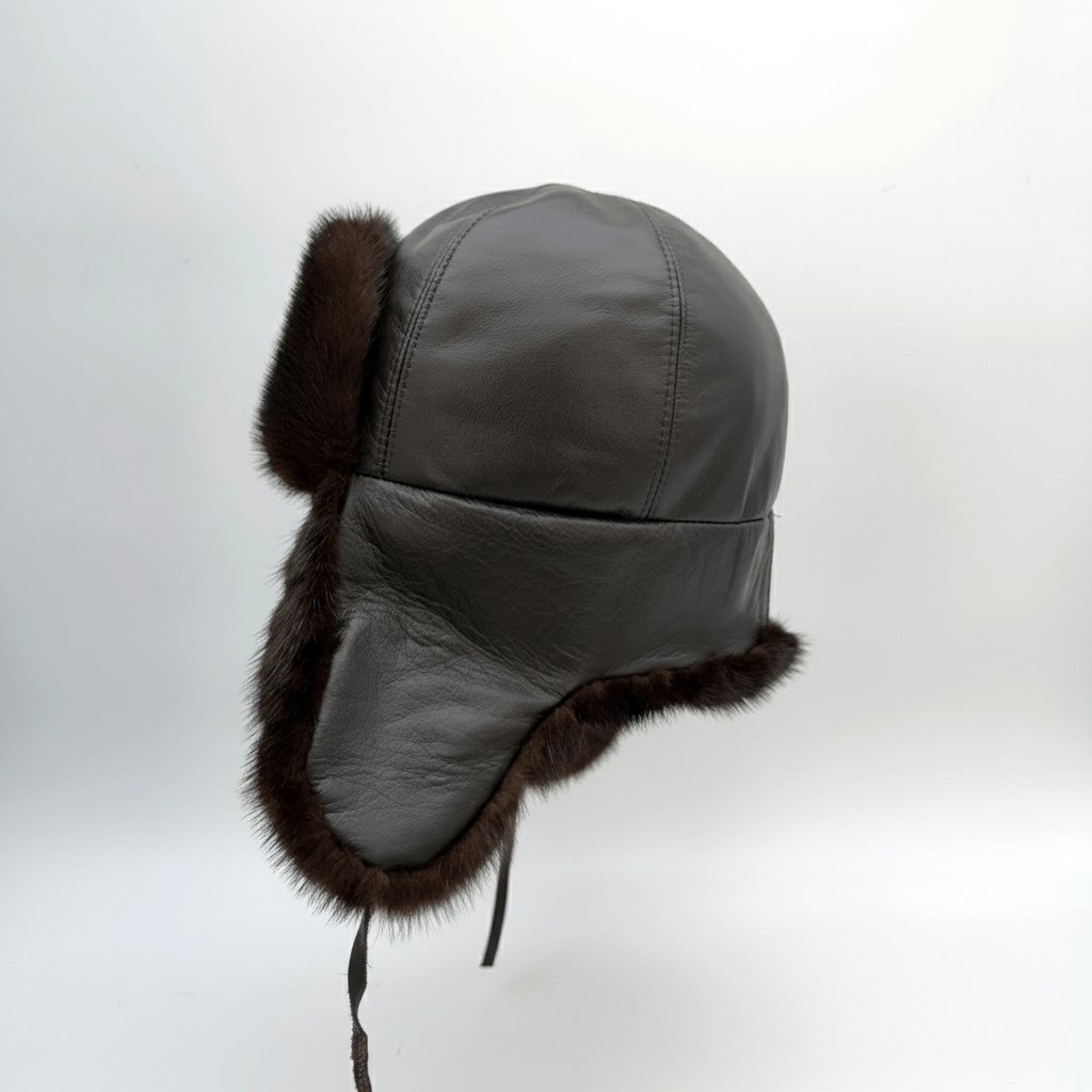 Angled view of Recycled Brown Mink Fur Aviator Hat, Brown Leather Charles Model