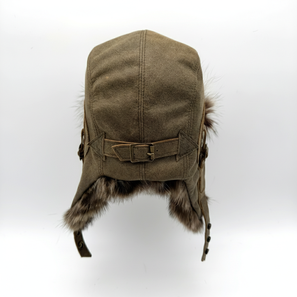 Chapeau aviateur en fourrure de raton laveur, cuir marron antique - Modèle Antoine