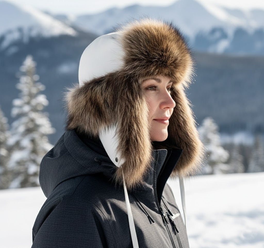 Raccoon Fur Trapper Hat, White Leather