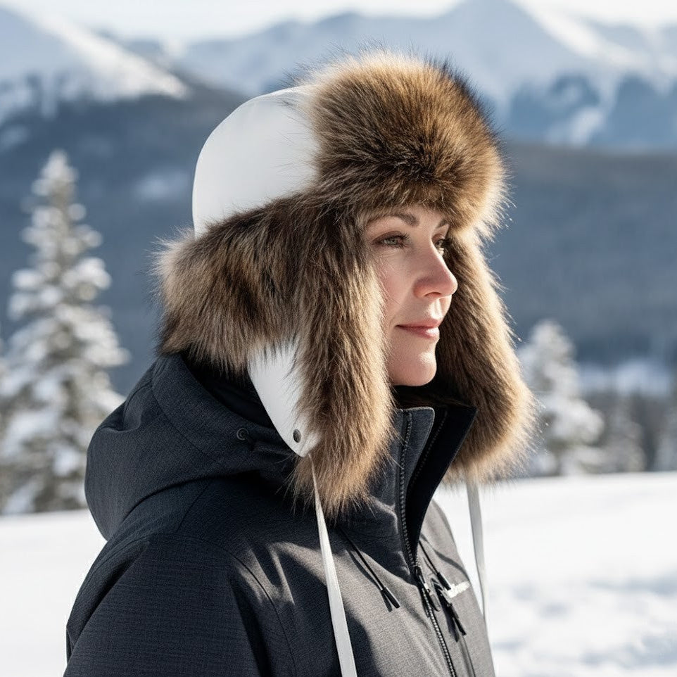 Raccoon Fur Trapper Hat, White Leather