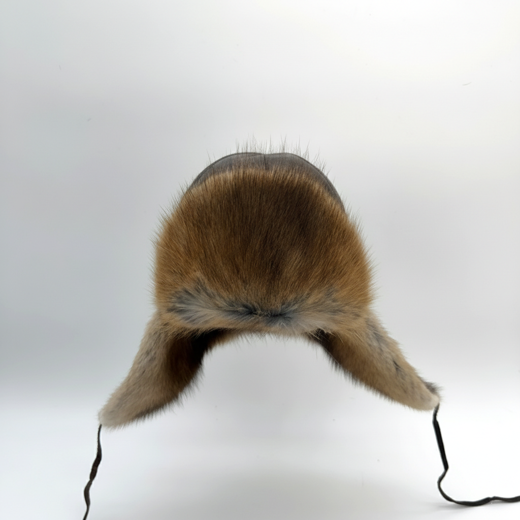 Chapeau aviateur en fourrure de rat musqué naturelle, cuir marron - Modèle Charles