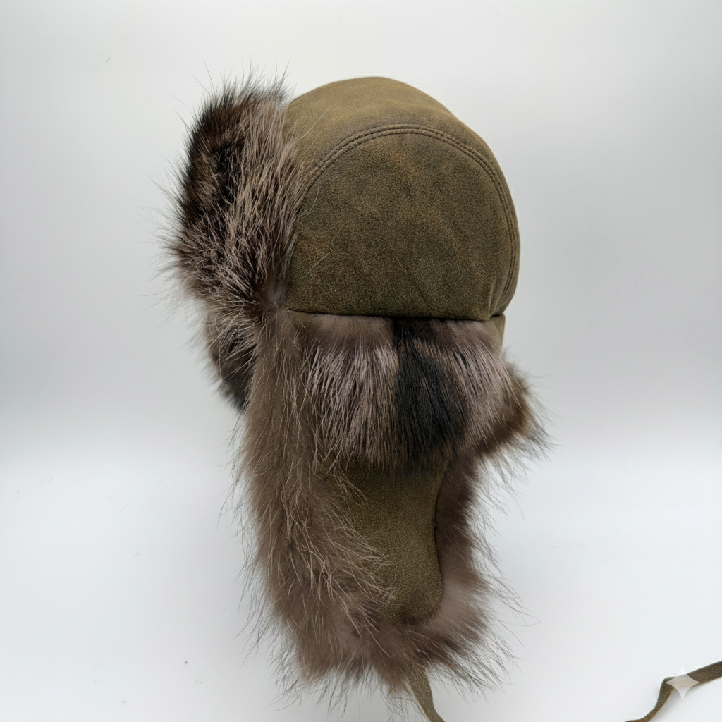 Raccoon Fur Trapper Hat, Antique Brown Leather