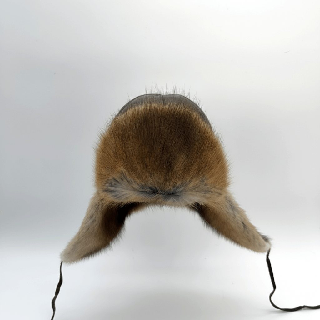 Close-up detail of leather and stitching on Recycled Natural Muskrat Fur Aviator Hat Charles Model