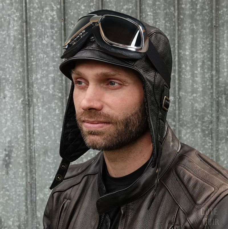 Black Leather Aviator Hat - Simon Model