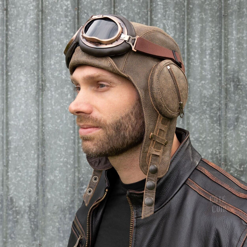 leather aviator pilot hat and goggles