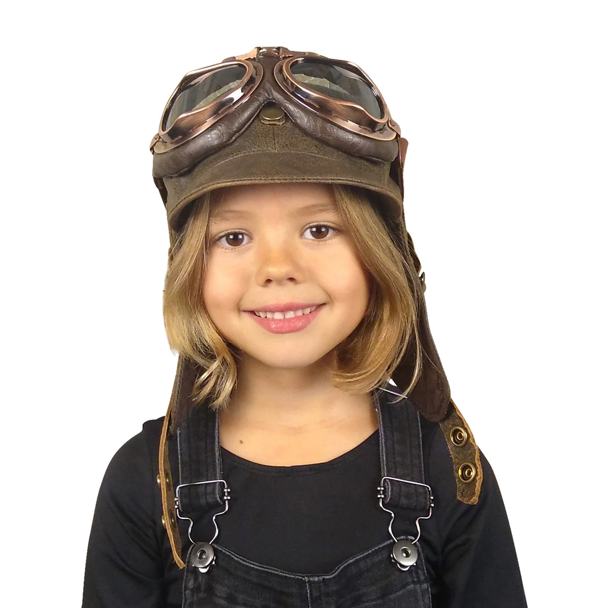 Front view of the Kids Aviator Hat in brown leather, Simon Model, with vintage aviator goggles