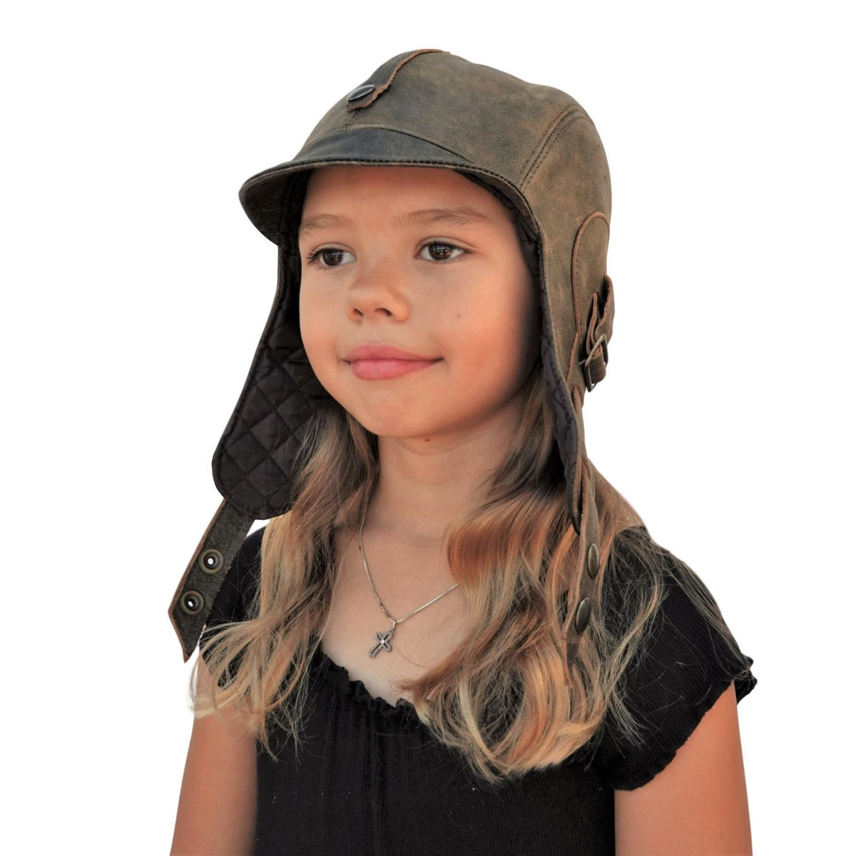 Girl wearing the brown leather Kids Aviator Hat, Simon Model, without goggles