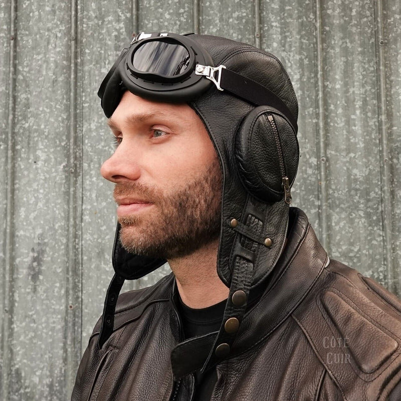 leather aviator helmet and goggles