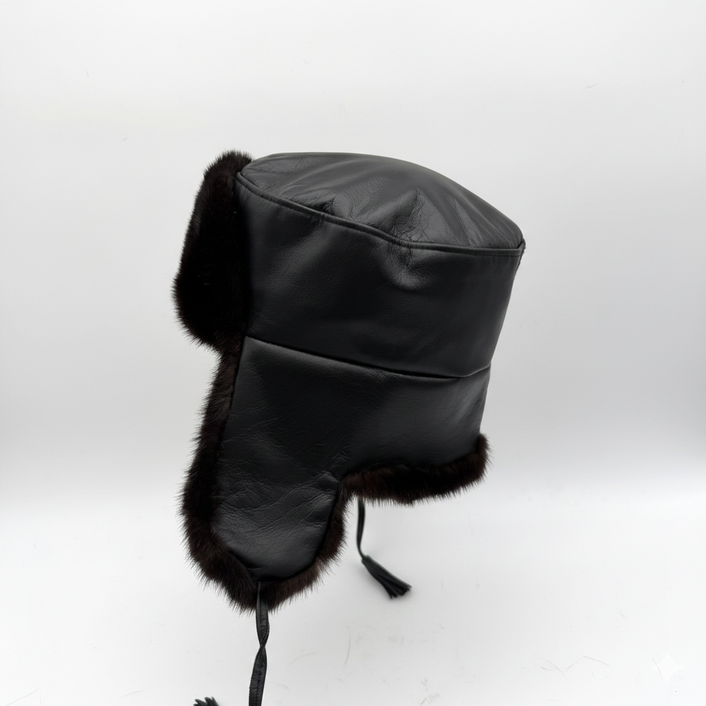 Black Mink Fur Russian Ushanka Hat for Men, Black Leather