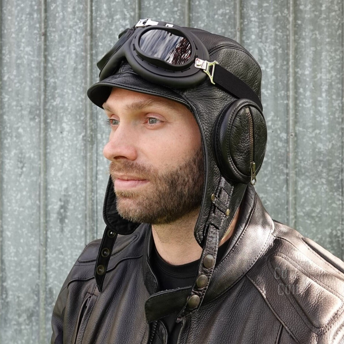 black leather aviator hat