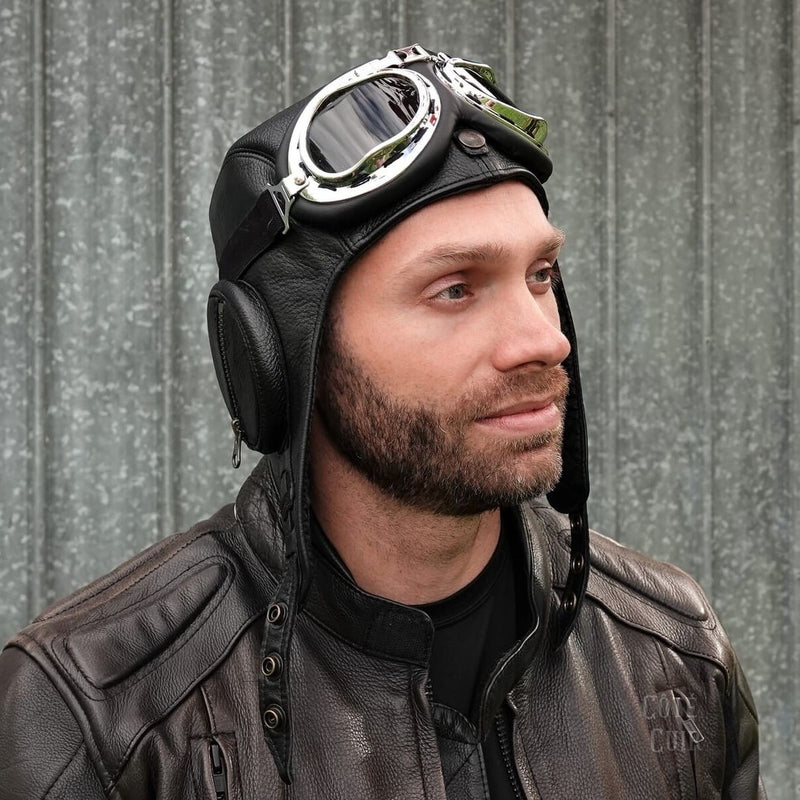 Black Leather Aviator Helmet - William Model without Visor
