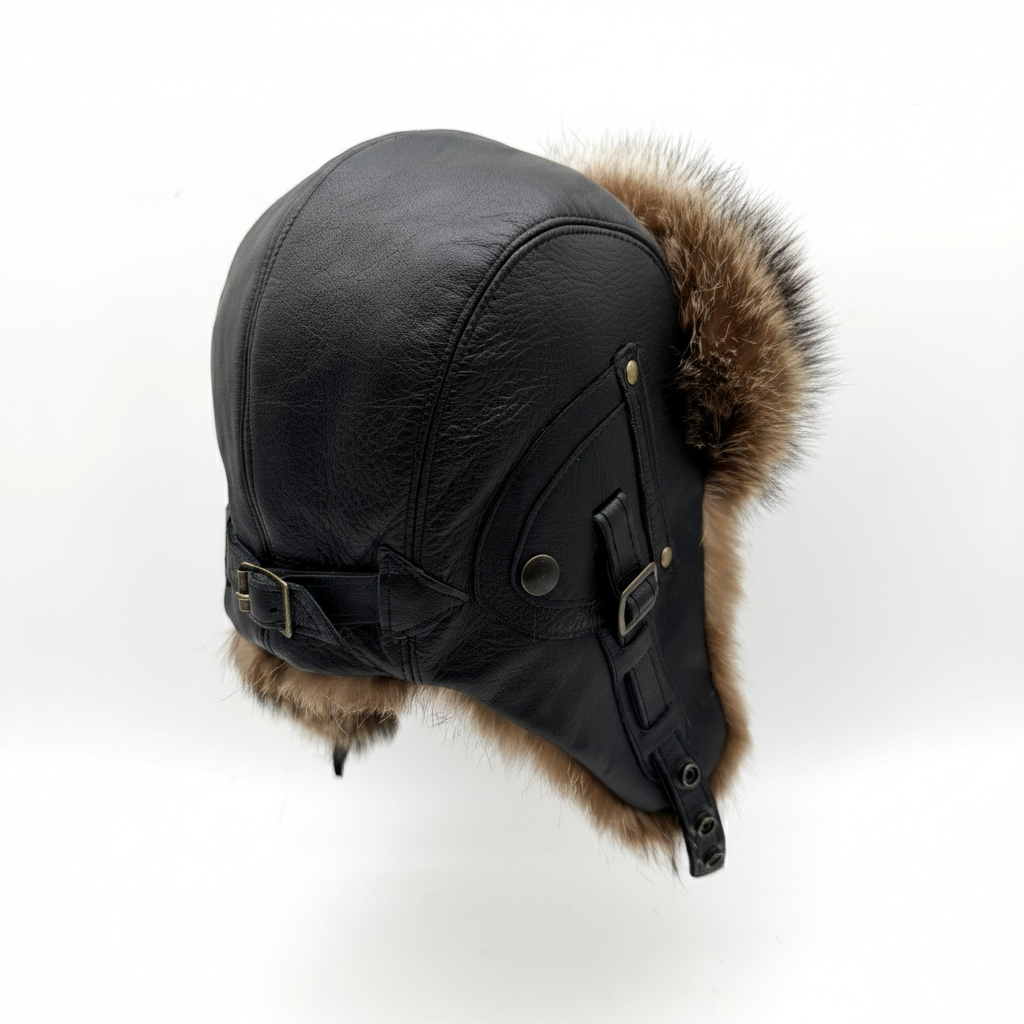 Chapeau aviateur en fourrure de raton laveur, cuir noir - Modèle Antoine