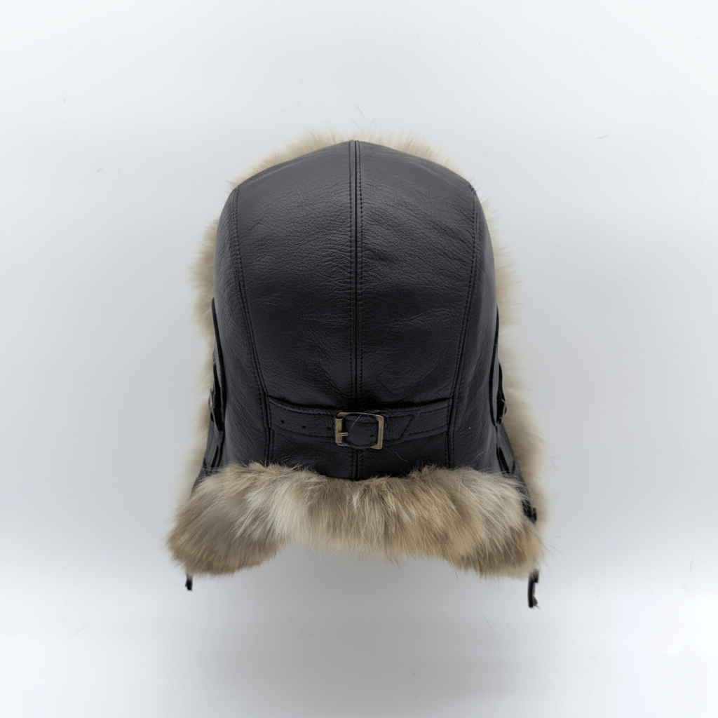 Wolf Fur Aviator Hat, Black Leather - Simon Model