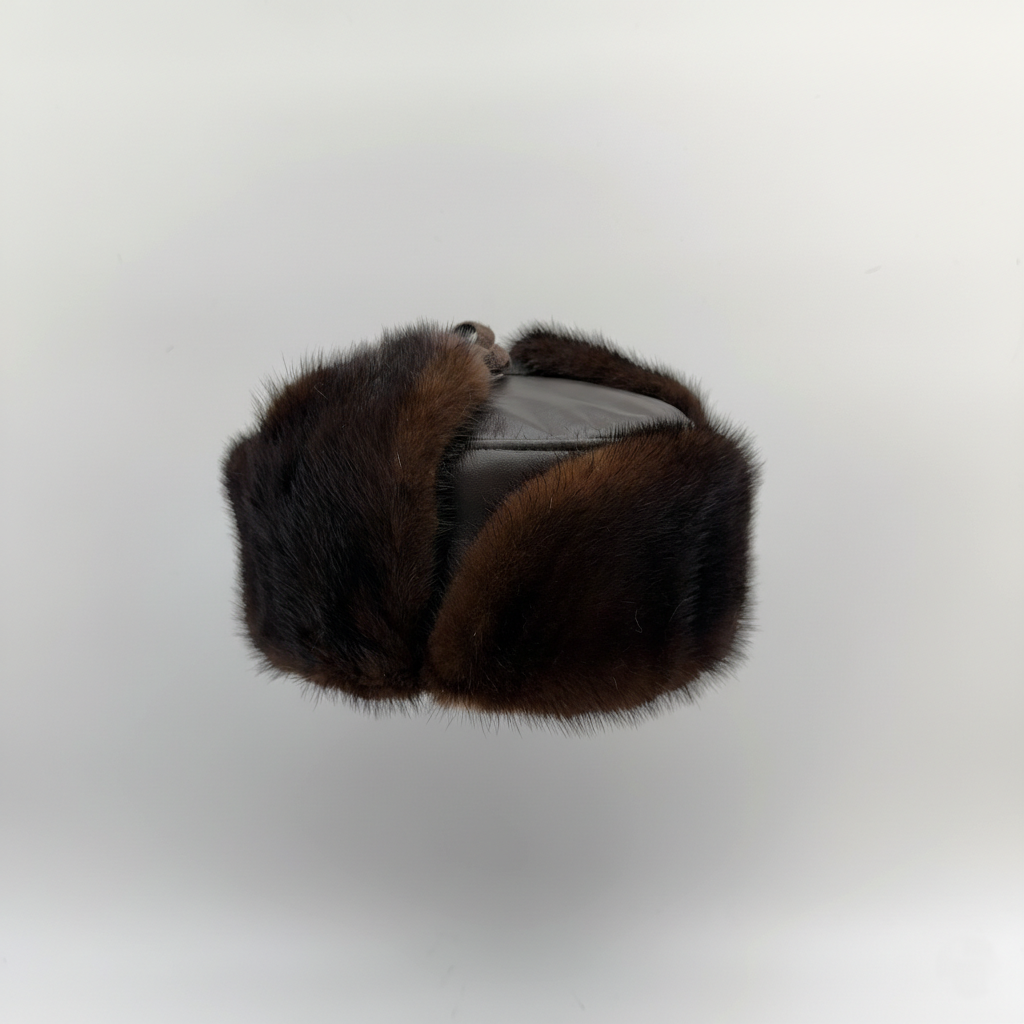 Brown Mink Fur Russian Ushanka Hat for Men, Brown Leather