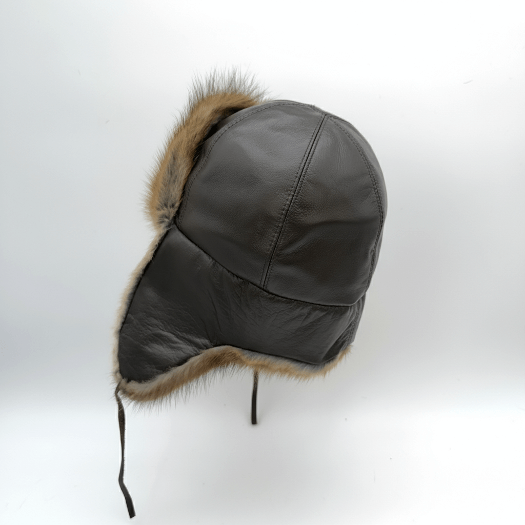 Back view of Recycled Natural Muskrat Fur Aviator Hat Charles Model with adjustable fit