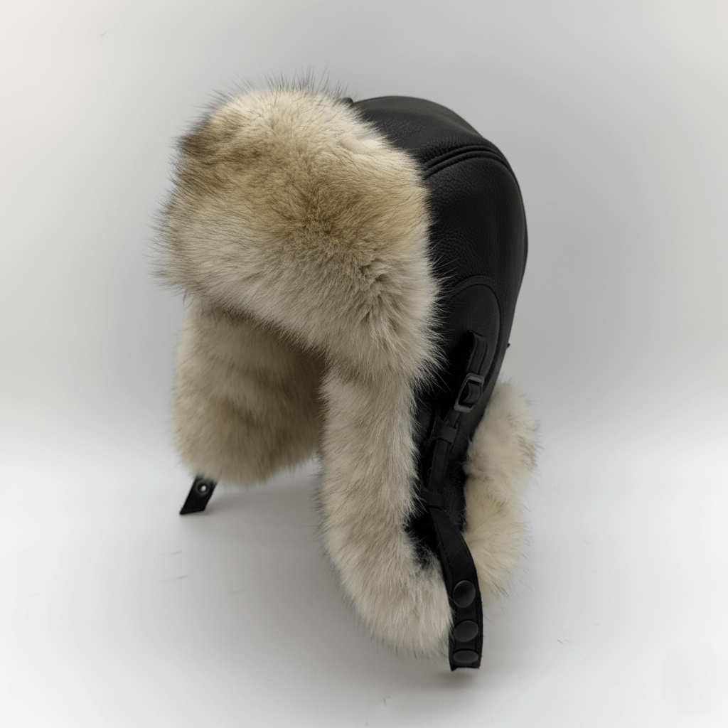 Sideview of Recycled Norwegian Fox Fur Aviator Hat Simon Model, handmade in Quebec