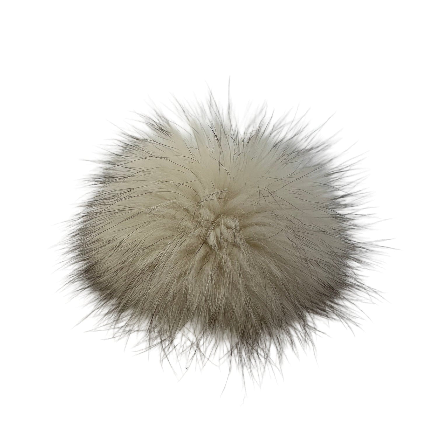 Genuine Norwegian fox fur pom-pom with leather tie strap. Handmade in Quebec. Luxurious volume and natural cream color with grey tips.