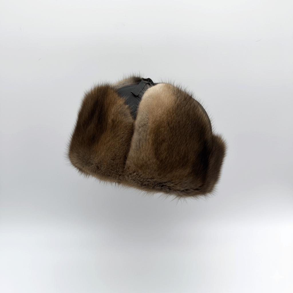 Close-up detail of leather and stitching on Recycled Natural Muskrat Fur Aviator Hat Charles Model