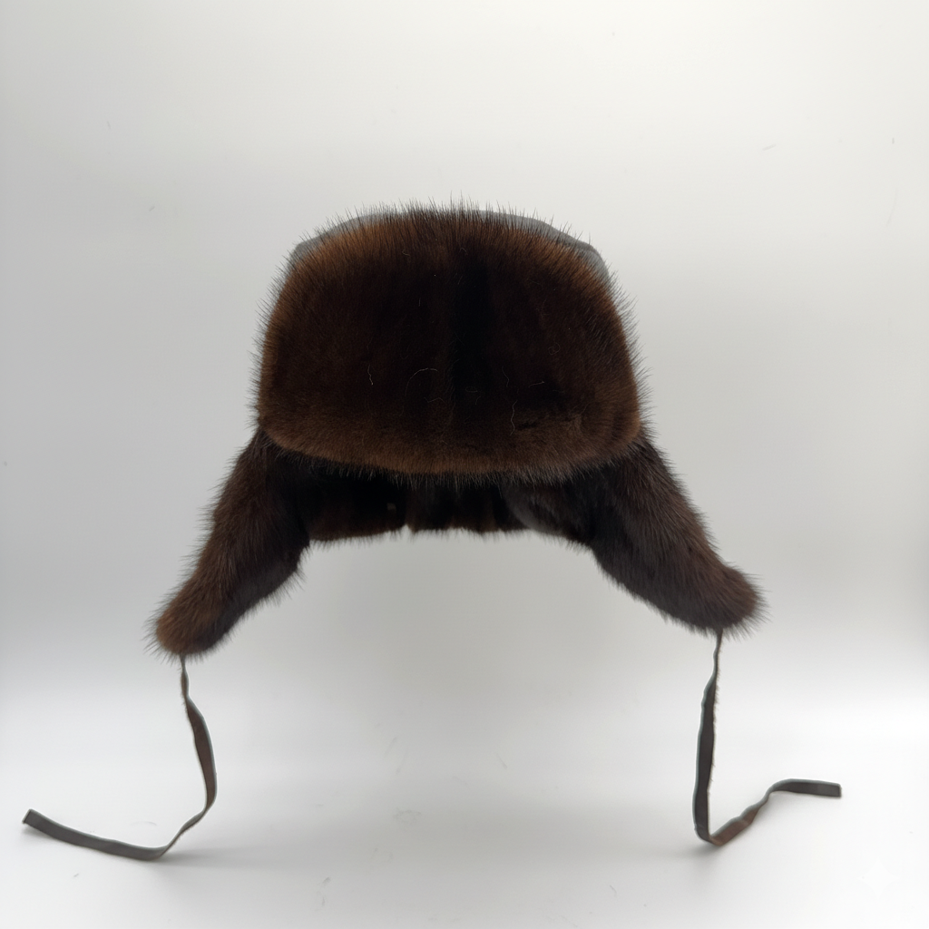 Brown Mink Fur Russian Ushanka Hat for Men, Brown Leather
