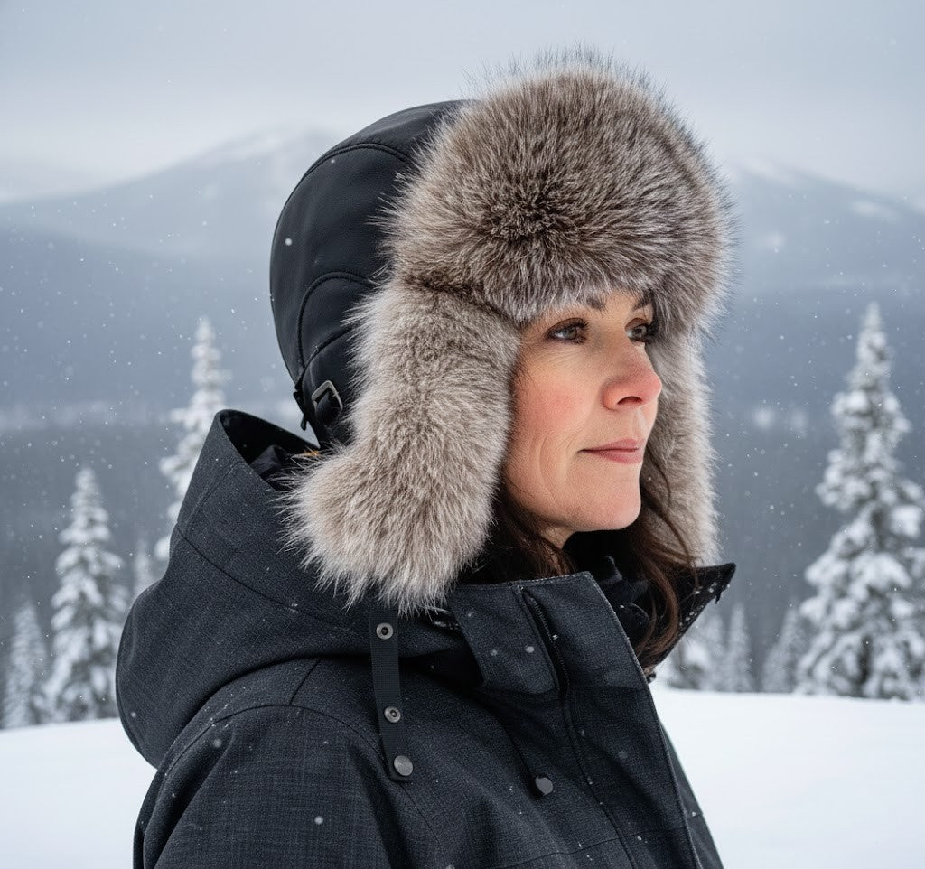 Silver Fox Fur Hat, Black Leather -Simon Model