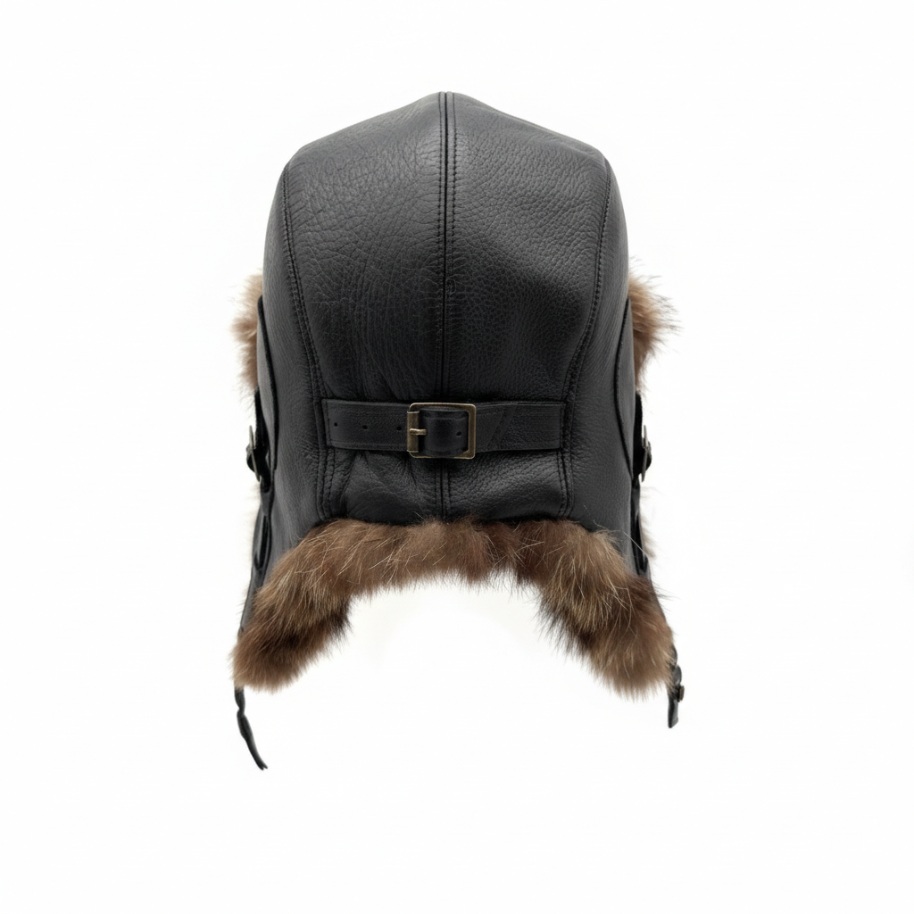 Chapeau aviateur en fourrure de raton laveur, cuir noir - Modèle Simon