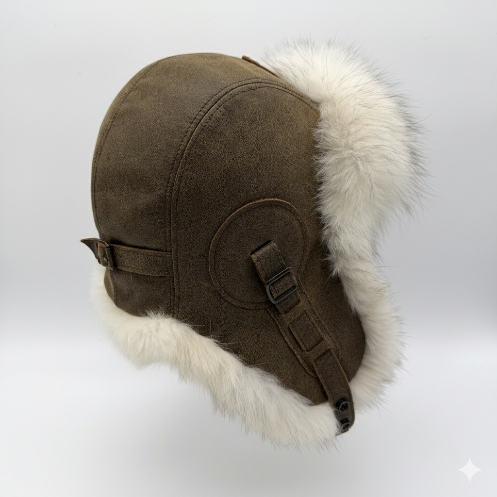 Chapeau aviateur en fourrure de renard norvégien, cuir noir - Modèle Simon