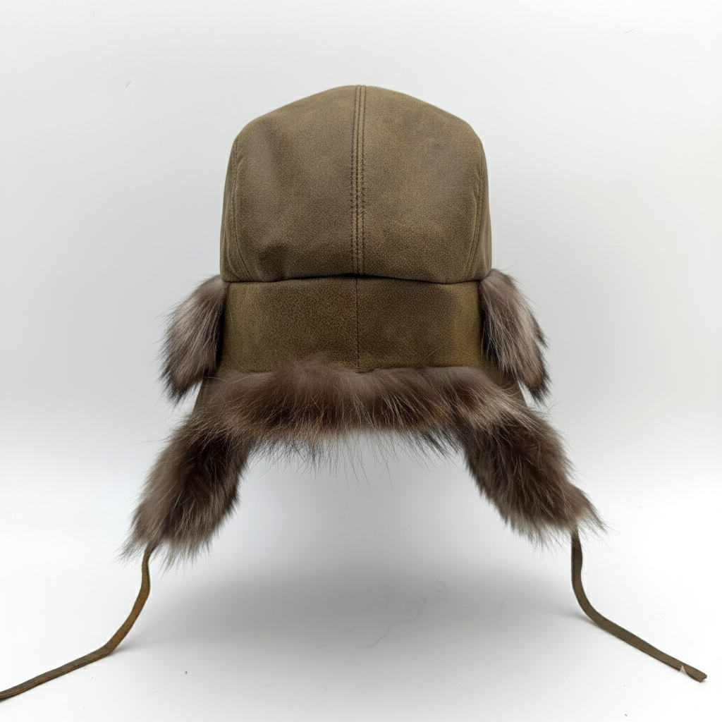 Raccoon Fur Trapper Hat, Antique Brown Leather