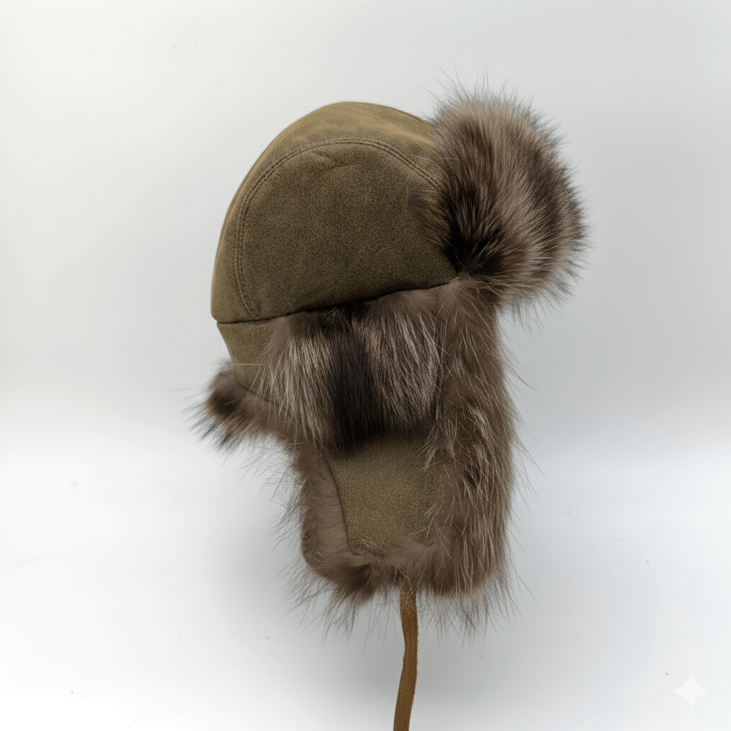 Chapeau trappeur en fourrure de raton laveur, cuir noir