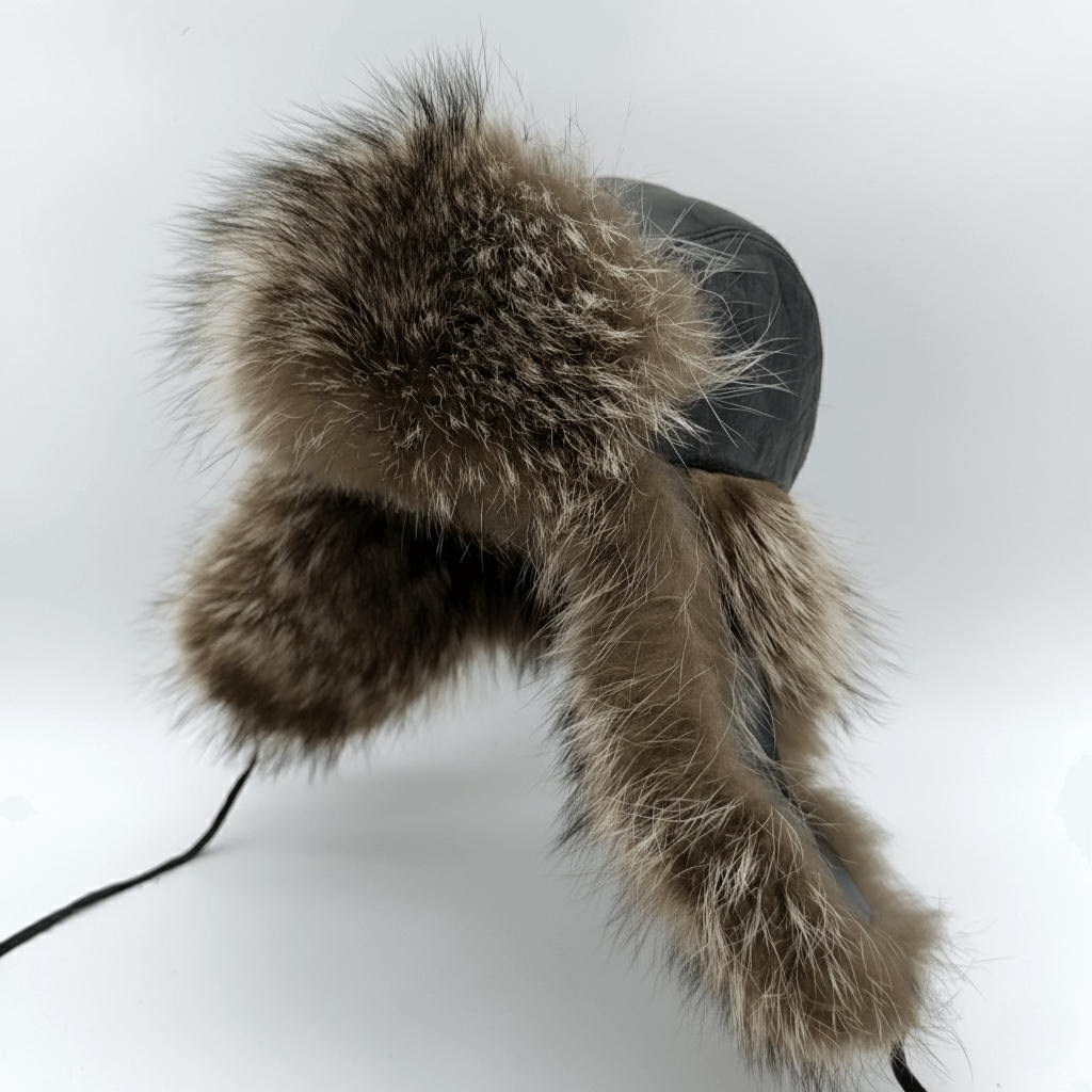 Chapeau trappeur en fourrure de raton laveur, cuir noir