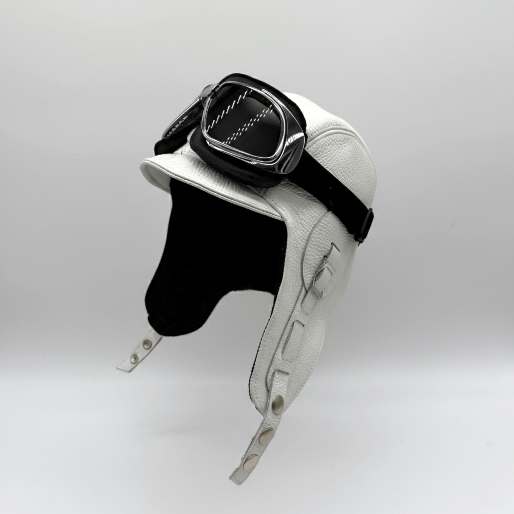 White Leather Aviator Hat - Simon Model