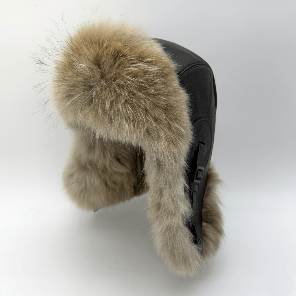 Chapeau aviateur en fourrure de loup, cuir marron antique - Modèle Simon