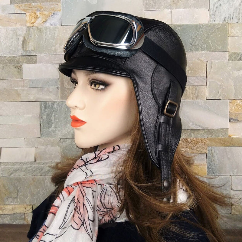 Black Leather Aviator Hat - Simon Model