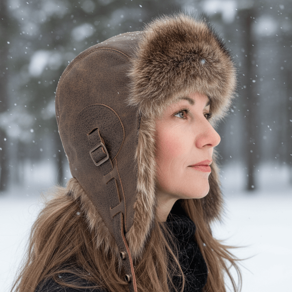 Chapeau aviateur en fourrure de raton laveur, cuir marron antique - Modèle Simon