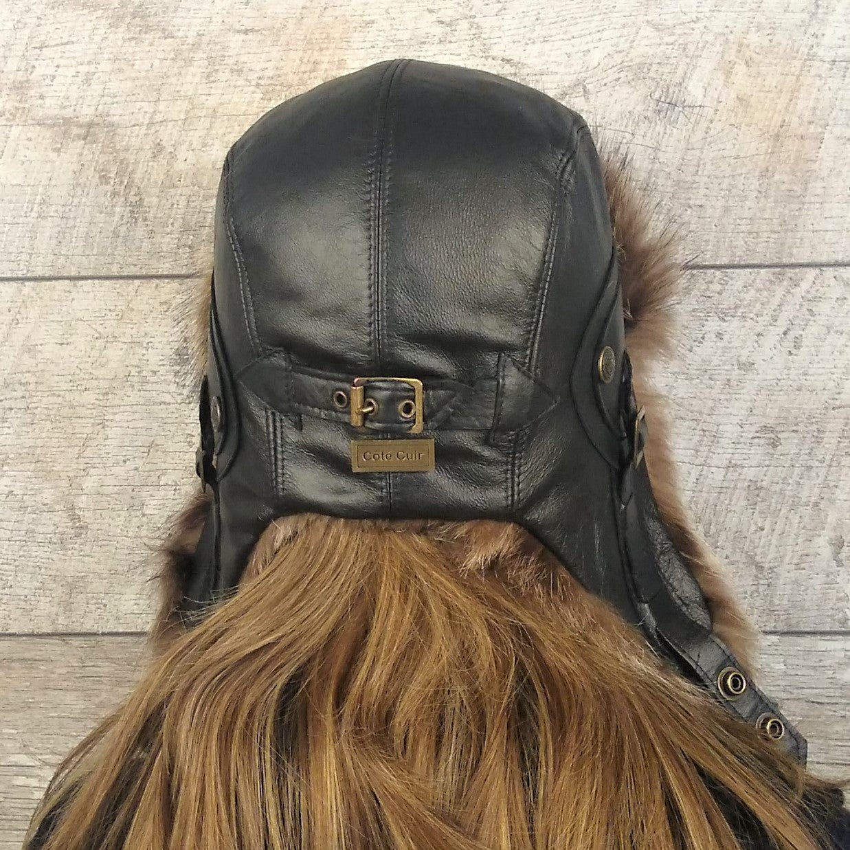 Raccoon Fur Aviator Hat, Black Leather - Antoine Model